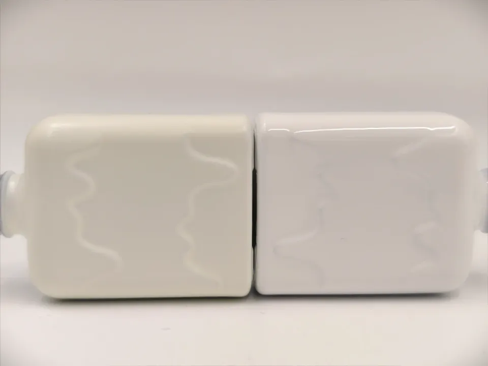 Actual matte and polished white bottle surfaces side by side